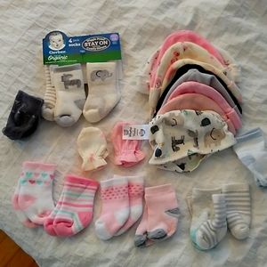 Lot of baby socks mittens and hats newborn